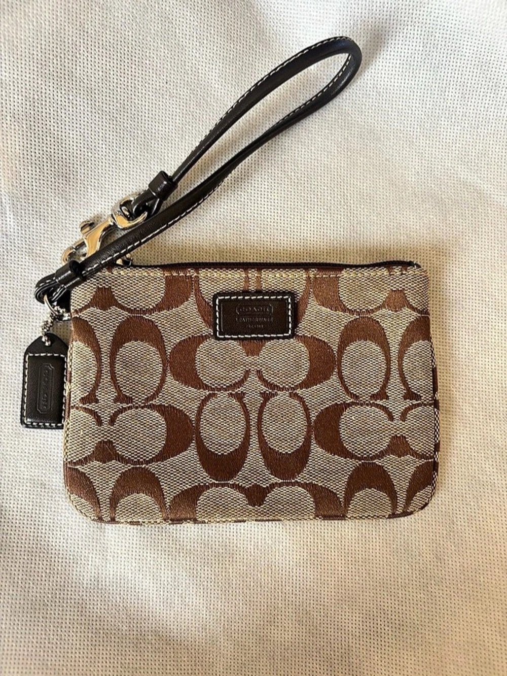 COACH Signature Canvas Small Corner Zip Wristlet Brown & Tan